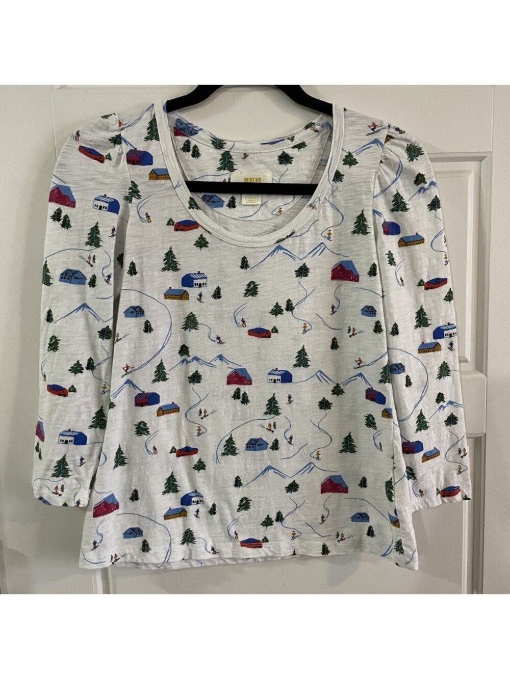Anthropologie Maeve Ski Print Long Sleeve Girls Top White Size XS